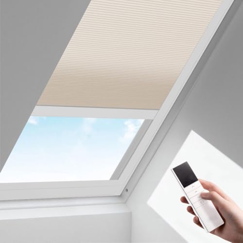 Zshine Motorized Cellular Shades Cordless Honeycomb Blinds Light Filtering Fabric Window Shades for Skylight (93020C Khaki) 93020c Light Filtering