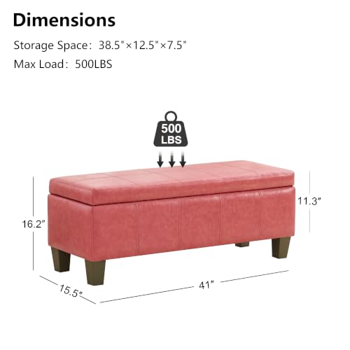Image of 41 inch Storage Ottoman, Storage Bench with Safety Hinge, Upholstered Synthetic Leather Ottoman Bench for Bedroom, Living Room, Entryway, Hallway, Foot Rest, Support 500lbs