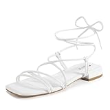 IDIFU White Strappy Lace Up Flat Sandals for Women Tie Up Square Open Toe Ankle Wrap Straps Dressy Gladiator Summer Beach Wedding Bridal Bride Comfortable Cute Casual Dress Sandals(White Pu, 8)