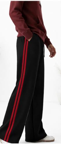 Image of Men's Baggy Track Pant, Black with Red Side Stripe, Relaxed Straight-Fit, 100% Cotton French Terry, 210 GSM