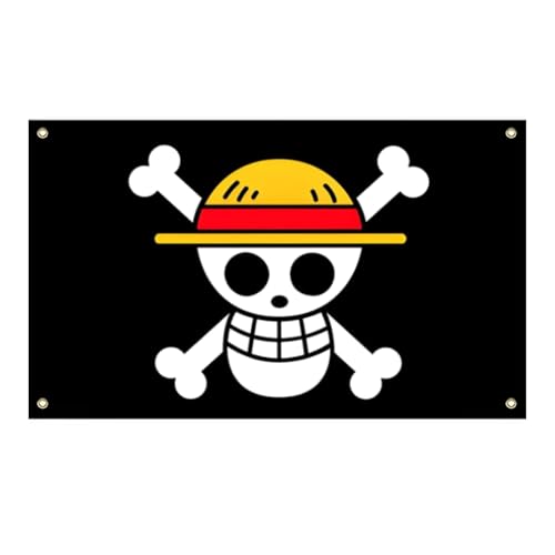 5 x 3 FT Anime Style Pirate Wall Flag Large Straw Hat Skull Room Decor Banner with 4 Brass Grommets for Bedroom Dorm Game Room & Party Decoration
