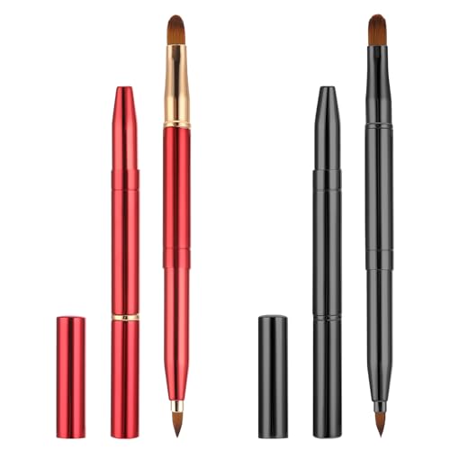 Confezione da 2 pennelli retrattili per rossetto con tappo, pennelli per trucco labbra a doppia estremità, retrattile, applicatore per rossetto, colore nero e rosso