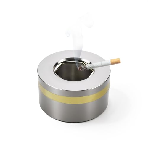 Image of Windproof Stainless Steel Smokeless Ashtray with Lid for Cigarettes Indoor- Rotating Switch Covered Design for Cigar,Home,Office & Outdoor (Silver Matte Short)