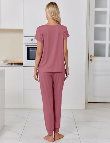 Image of Ekouaer Pajamas for Women Set Short Sleeve Lounge Set Jogger Pants Pjs Soft Sleepwear with Pockets S-XXL