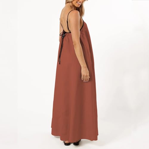 Image of Senllen Women's Linen Dress Summer Loose Flowy Sundress Contrast Spaghetti Strap Sleeveless Backless Beach Maxi Long Dresses