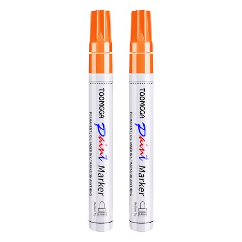 TOOMGGA Orange Permanent Paint Pens - 2 Pack Oil Based Paint Markers Pens for Rock Painting Car Tyre Metal Plastic Canvas Mugs Wood Glass Quick Drying and Waterproof Medium Point