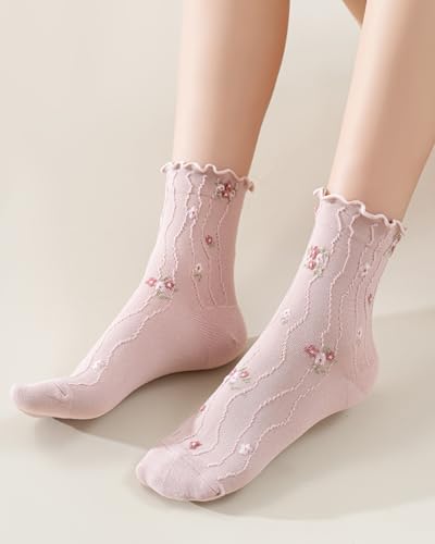 Image of Womens Ruffle Crew Socks Vintage Patterned Ankle Casual Fashion Dress Sock Cute Lettuce Floral Socks 5 /6 Pack