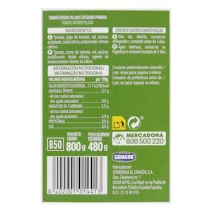Tomate entero pelado Hacendado para freír Bote 800 g (480 g escurrido) Pack 2