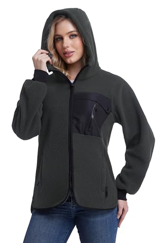 Mnking Damen Sherpa Fleecejacke mit Kapuze Warme Polar Fleece Teddyjacke Winter Full Zip Hoodie Winddicht Winterjacke für Outdoor Laufen Wandern Ski FS5563W-Grey-2XL