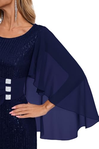 Womens Sequin Cocktail Party Dress Elegance Chiffon Midi Dresses Cape Sleeve Bodycon Dress with Ruffle Asymmetrical Over3
