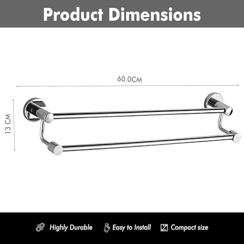 Image of Zureni Towel Rod for Bathroom Wall Mount 304 Grade Stainless Steel Double Rail Hanger Multipurpose Stand Bathroom Accessories Home Kitchen Washroom (Pack of 1, Silver, 1029)