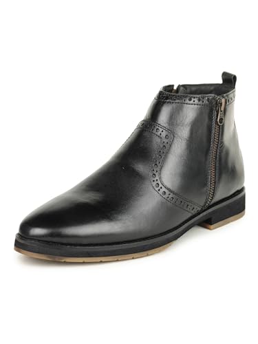 Image of B-5815 Genuine Leather High Ankle Boots For Men In Brogue Style With Zipper, Pointed Toe, Flat Heel & EVA+Unit Sole