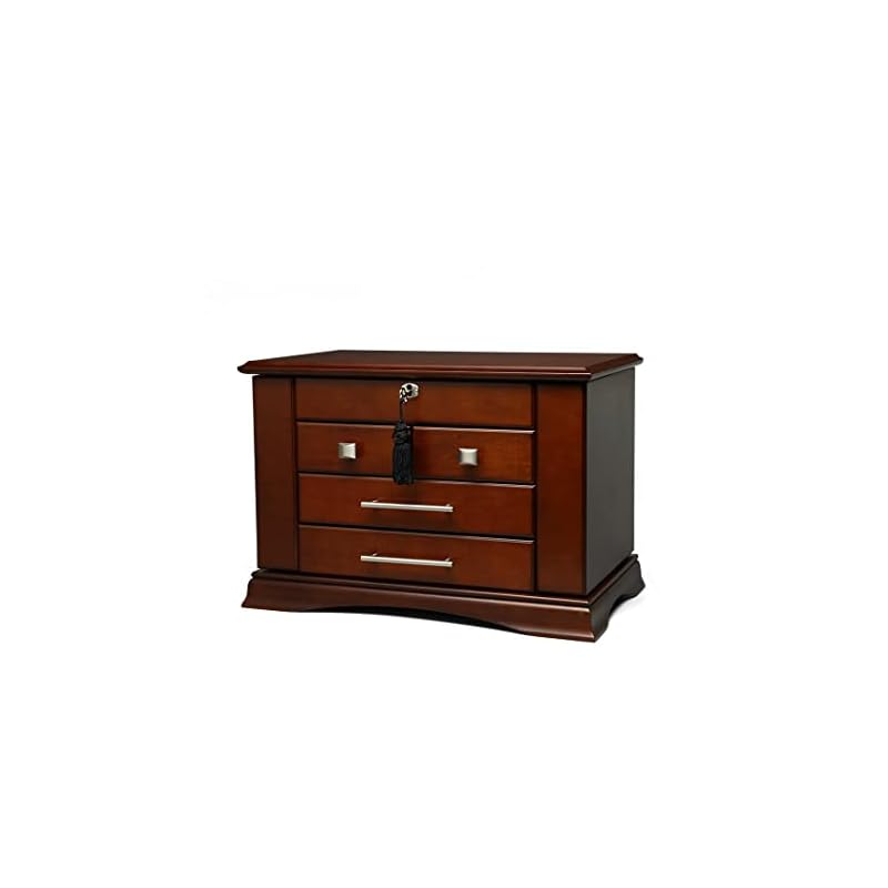 Arolly Large Wood Finish Jewelry Box Chest with Four Storage Compartments Storage Organizer for Gifts Keepsake Boxes with Swing-Open Side Doors & Top Mirror Lid