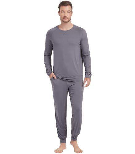 Image of NACHILA Mens Pajamas Set Long Sleeve Henley Sleepwear Top Soft Jogger Pants Pajamas Cool Pjs Set,Viscose Made from Bamboo