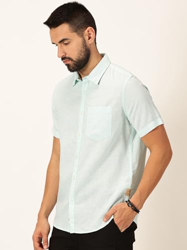 Image of Thomas Scott Men's | Solid | Linen Blend | Slim Fit | Short Sleeve | Spread Collar | Casual |Shirts for Men