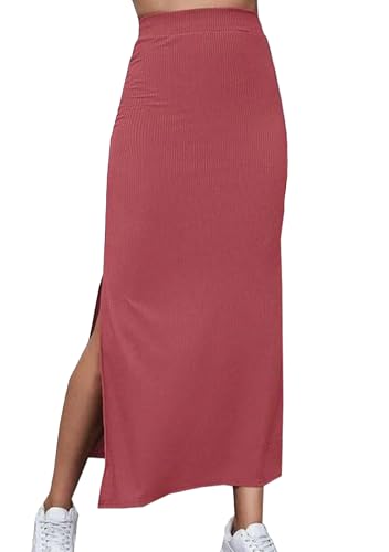 BOFETA Women's Elastic Waisted Side Split Rib Knit Long Maxi Bodycon Pencil Skirt