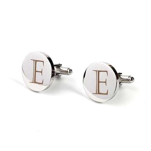 Image of Mens Initial Silver Cufflinks A-Z Alphabet Letter Steel Cuff Links with Engraved Walnut Wood Box Groom Groomsman Wedding Set