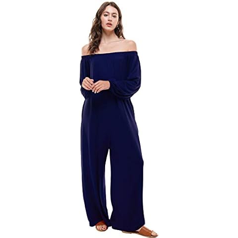 Loving People Women's Loose Fit Jumpsuit Long Off Shoulder Wide Leg Jumper Stretchy with Pockets, Small, Navy Cover