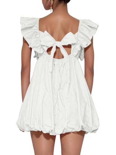 hibshaby Summer Mini Dress Deep V-Neck Babydoll Dress Bubble Dress Backless Lace Up Sexy Short Dress3