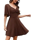 Amoretu Women's Summer Sweetheart Neckline Sexy Dress Ruffle Half Sleeve Flowy A-Line Low Cut Mini Dresses (Brown, M)