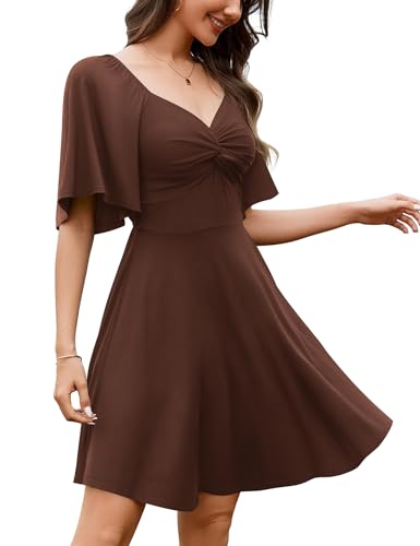 Amoretu Womens Sweetheart Neckline Stretchy Summer Dress Flutter Sleeve Flowy A-Line Mini Dresses