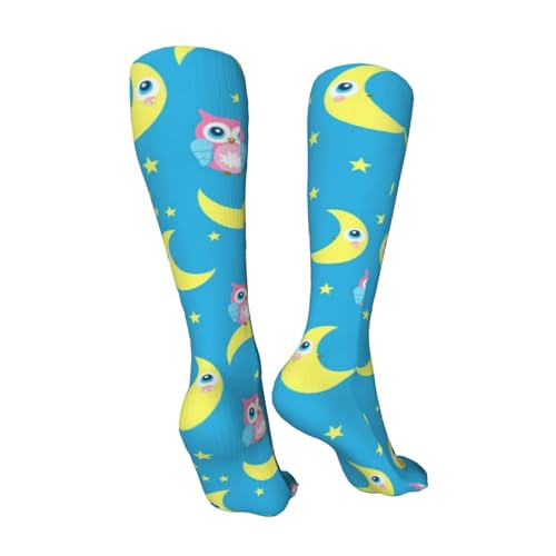 Cute Pink Owls Blue Compression Socks for Kids Boys Girls, Knee High Soccer Socks Long Tube Funny Gifts for Running Sports Travel 19.8in2