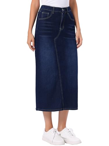 Image of Allegra K Denim Skirt for Women Midi Length Elastic Waist Split Back Long Jean Skirts Deep Blue M