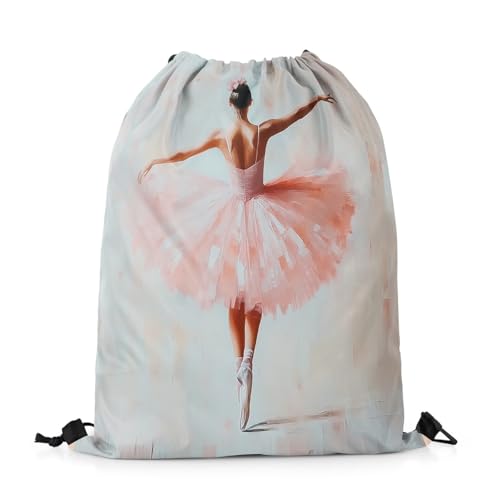 Image of jejeloiu Vintage Ballet Drawstring Backpack 13x15.7inch Ballerina Waterproof Gym Drawstring Bags Pink Ballet Dancer Sports String Backpack Beach Swim Travel Bag Sackpack