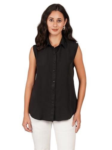 Image of Women Plus Size Sleeveless Button Down Shirt Polyester Formal Office Casual Wear Classic Fit Professional Shirt