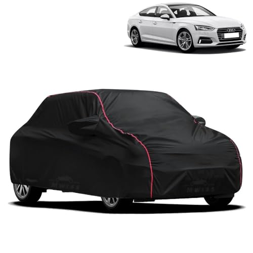 Image of Waterproof Car Cover for Audi A5 | All-Weather Protection, Dustproof & UV Resistant | Triple Stitched Mirror Pockets, Windproof Buckle Strap with Elastic Hem, Black-Red Piping