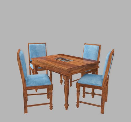 Image of MoonWooden Solid Sheesham 5-Piece Wooden Dining Set with Carved Back Chairs, Sheesham Wood Table and 4 Sky Blue Cushioned Chairs, Natural Finish