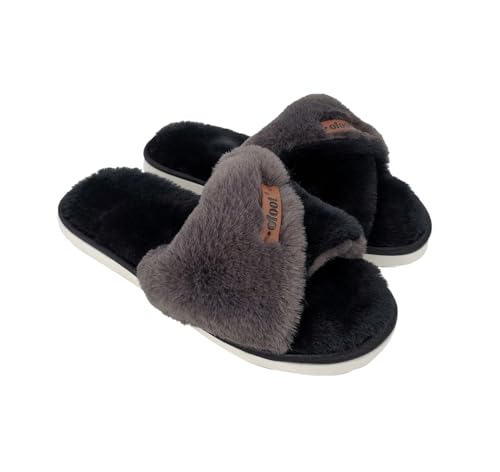 ofoot Women's Memory Foam Two-tone Crossed Twisted Strap Open Toe Slides | Breathable, Soft and Comfortable Faux Fur | Lightweight & Slip-resistant Flat Outsole