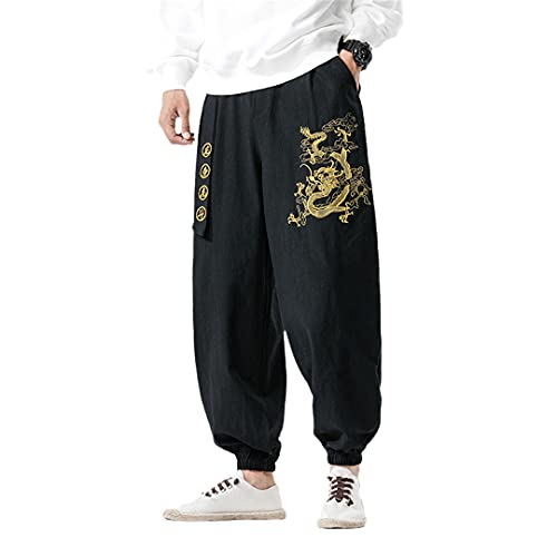 Men's Dragon Embroidery Trousers Korean Style Casual Harem Pants