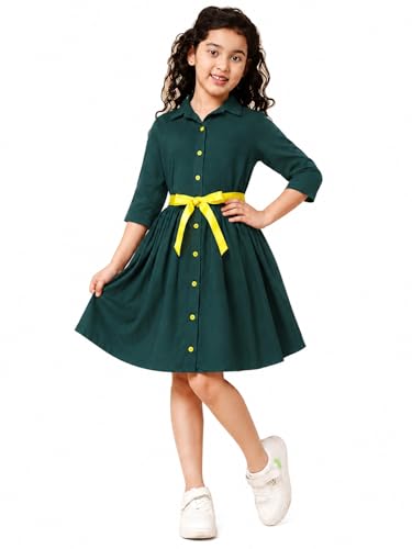 Image of A.T.U.N. (ALL THINGS UBER NICE) Girls 100% Cotton Shirt Dress with Belt | Solid Button-Down Dress with Collar Neck | Soft Breathable Kids Outfit for Girls