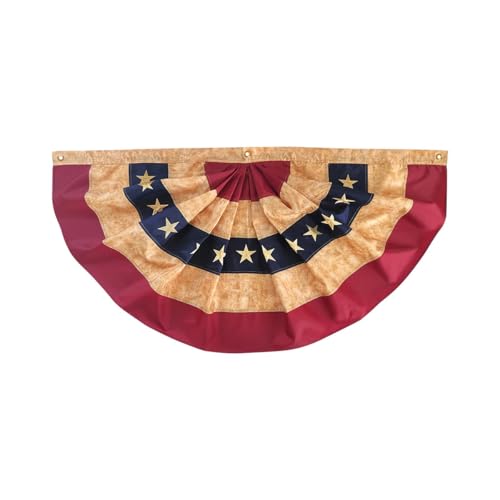 Tea Stained Patriotic Embroidered Bunting USA 48 x 24 Pleated Banner with Brass Grommets