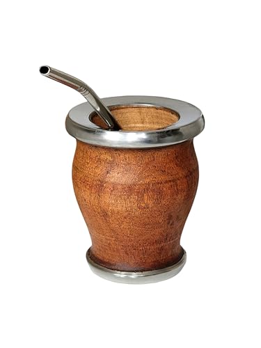 Taza Mate Argentino Natural Hecho a mano en Madera de Algarrobo Natural con Borde Liso de Metal Pulido, Mate con Bombilla, Gourd mate cup