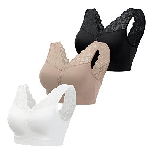 Leezepro Brassière Femme sans Armature Soutien-Gorge sans Couture avec Coussinets Amovibles Bralette en Dentelle de Sport Quotidien Classique (L, Noir+Blanc+Beige) Cover