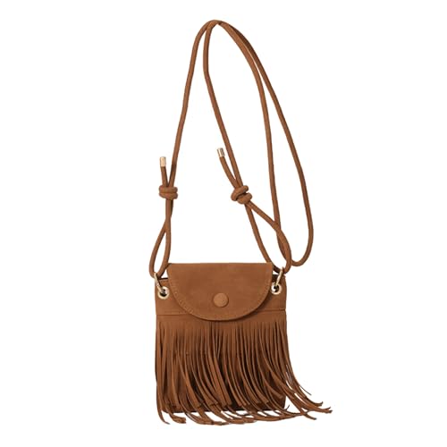 Bolsa de ombro feminina com franja 17 x 20 cm camurça boho bolsa transversal marrom, bolsas transversais para mulheres