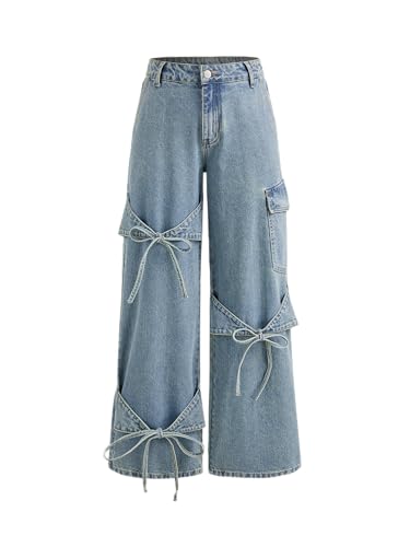 CIDER Baggy Jeans for Women Low Waisted Wide Straight Leg Bow Jea...
