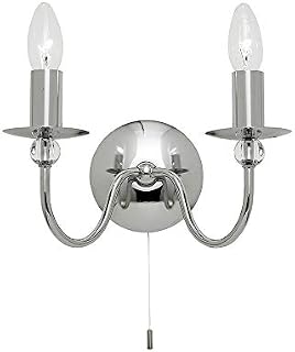 National Lighting Juan Decorative Silver Chrome Twin E14 LED Compatible Wall Light with Pull Cord Switch