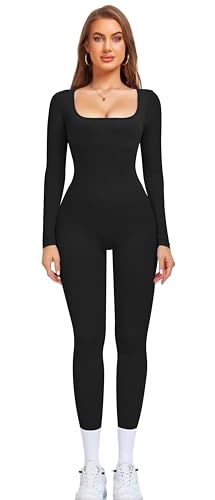 OLCHEE Womens Long Sleeve Workout Jumpsuit Square Neck Ribbed Seamless Yoga Romper Sexy Bodycon Tummy Control Unitard Onesie - Black Medium