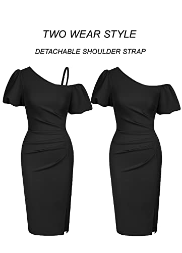 Belle Poque Short Puff Sleeve One Shoulder Ruched Bodycon Dress Vintage Elegant Wedding Guest Party Dress Black L #TOP1