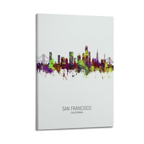 Poster San Francisco aquarelle skyline sur toile avec cadre 40x60cm pour décoration