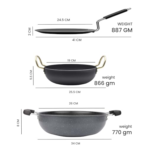 Image of DOZY Iron Cookware Set of 3 Iron Rich Non-Stick 2 Kadhai & 1 Tawa | Induction & Gas Compatible | Chemical Free | Cookware Combo | Better Heat Retention | Pre-Seasoned | Cookware Set for Kitchen