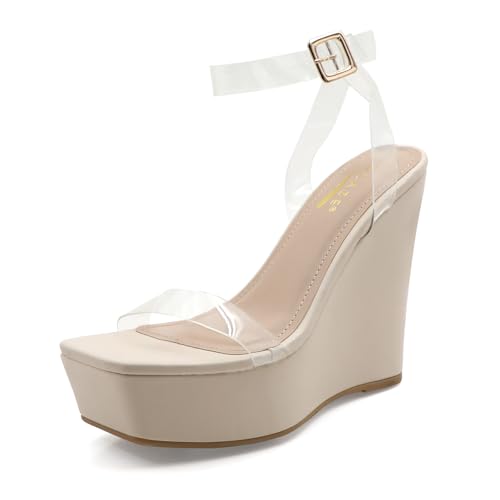 Womens High-Heel Platform Wedge Heel Sandals Clear Ankle Strap Square Toe Heels