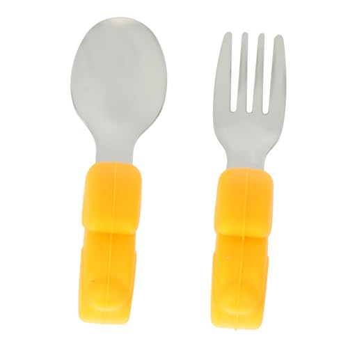 BRIGHTFUFU 2個 ベビー用トレーニング食器 シリコン製滑り止めハンドル付き高温耐性フォーク スプーン 幼児向け離乳食練習用食器 新生児 乳児