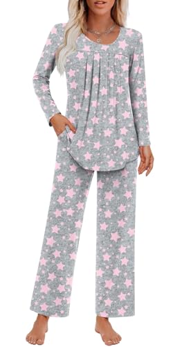 Findsweet Women's Pajama Set 2 Piece Lounge Outfits Soft Sleepwear Fall Long Sleeve Long Pant With Pockets Ladies Pjs M, Pink Star Grey