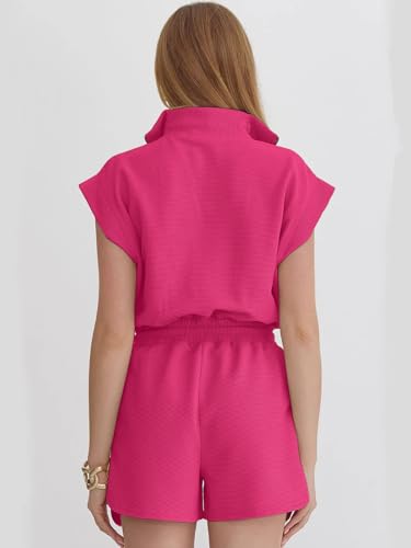 Image of Rompers for Women Summer Short Sleeve Half Zip Lapel Collar Jumpsuit Casual Drawstring One Piece Outfits with Pockets