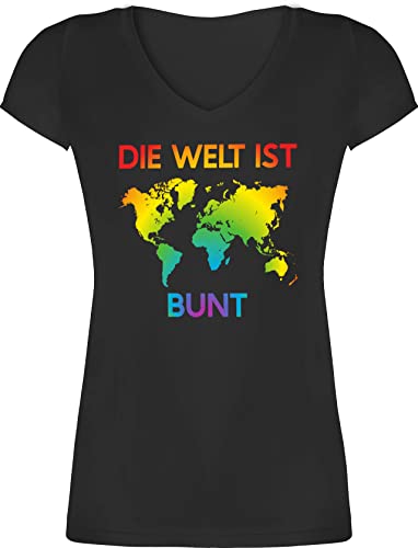 T-Shirt Damen V Ausschnitt - LGBTQ Kleidung Pride Flag - Die Welt ist bunt – Regenbogen Farben - XXL - Schwarz - LGBTQ-t-Shirt LGBT Bunte Tshirt t Shirt Gay CSD Shirts Cotton Lesbian Tshirts lqbtq