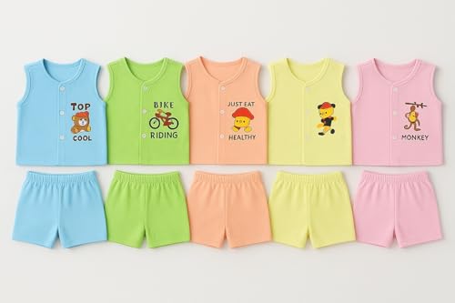 Image of New Born Baby Unisex Breathable Cotton Sleeveless Button Jhabla Dress | Boy & Girl Baby Clothe Size From 3 Months | Jabala Set for New Born | Pack Of 5 Combo